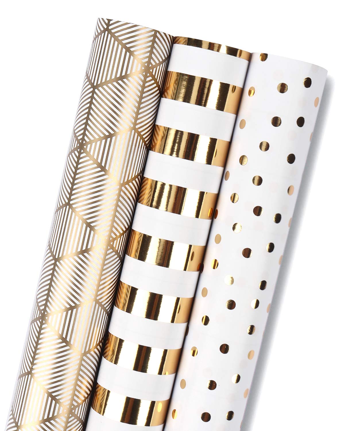 MAYPLUSS rollo frontal mostrando patrón blanco y foil dorado, acabado elegante