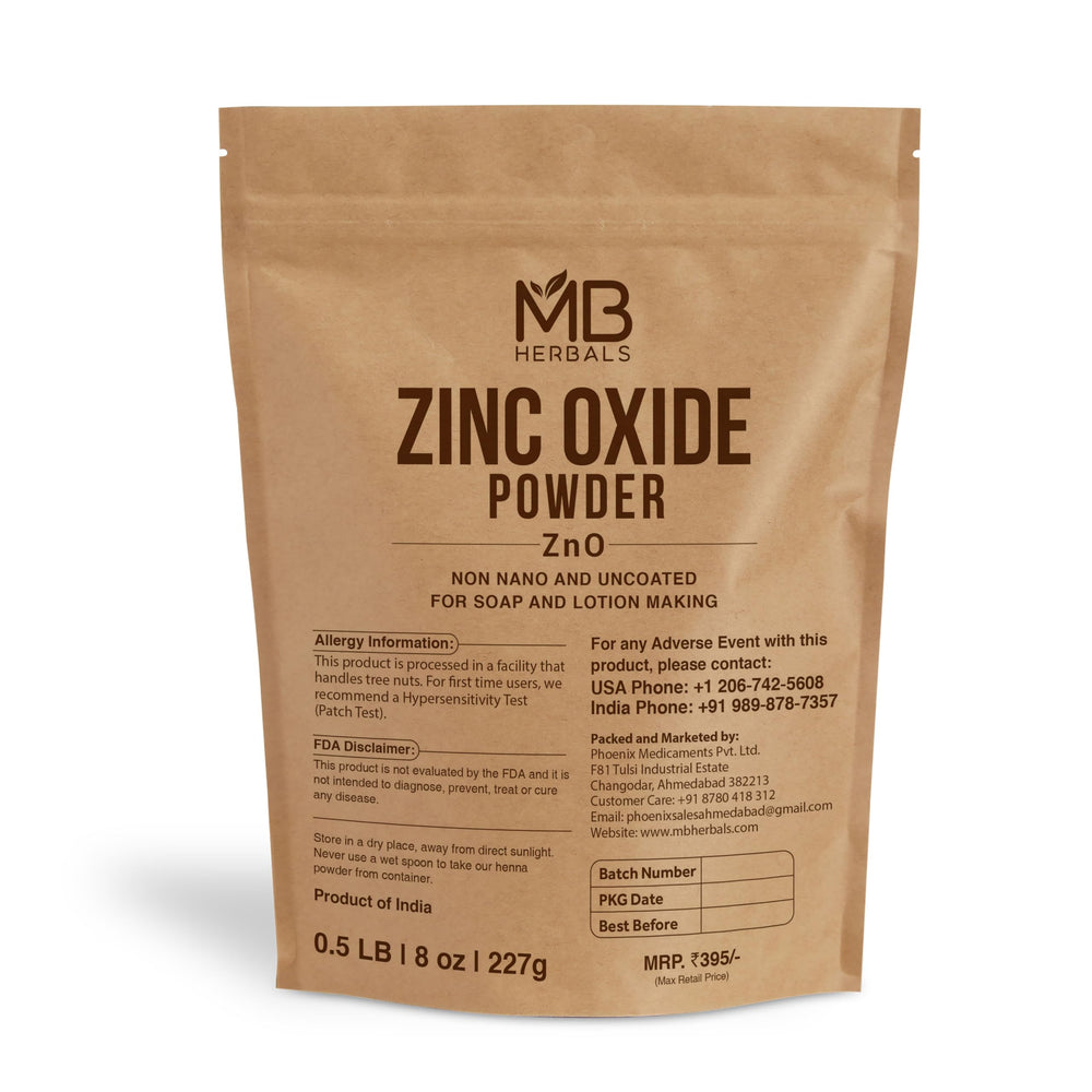 MB Herbals envase frontal del polvo de óxido de zinc, ingrediente puro