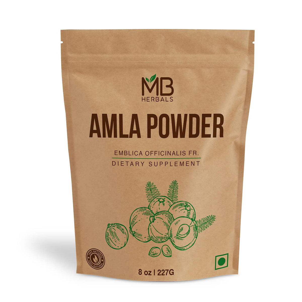 MB Herbals frente del envase de polvo de amla sin semillas, presentación clara y natural