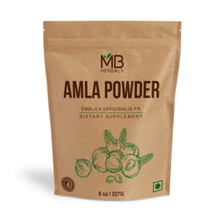 MB Herbals frente del envase de polvo de amla sin semillas, presentación clara y natural