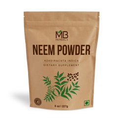 MB Herbals envase frontal de neem en polvo, presentación limpia y natural