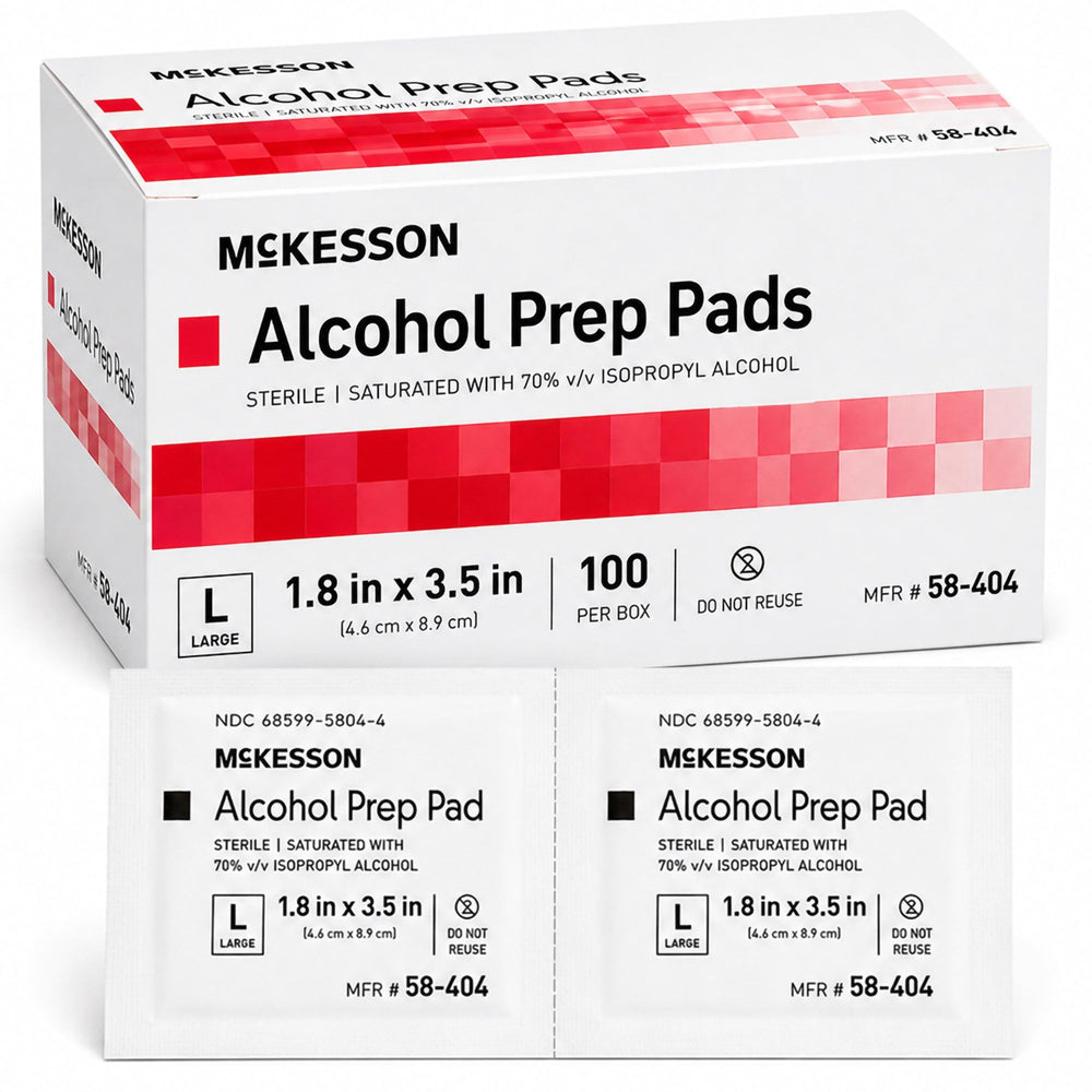 McKesson empaque frontal mostrando 100 toallitas grandes, almacenamiento práctico