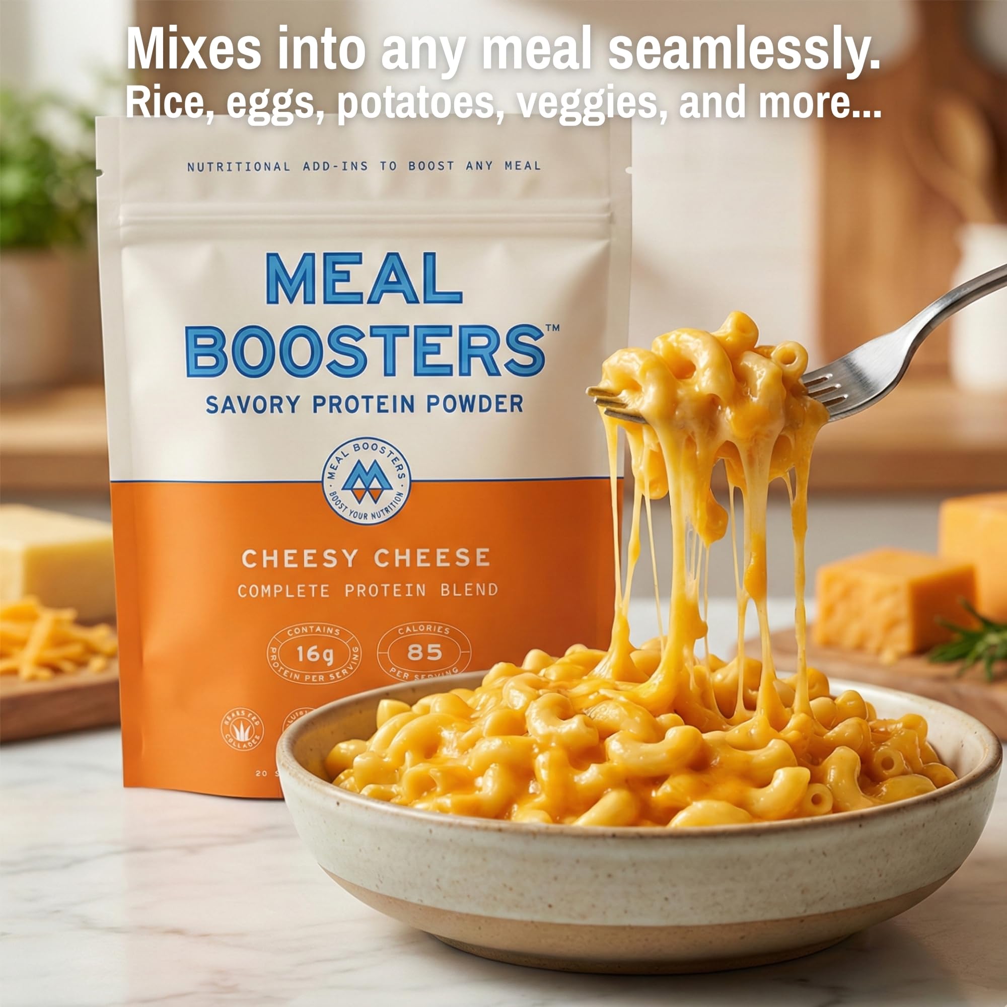 Meal Boosters comparación de tamaño con cuchara y bote para visualizar porción