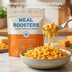 Meal Boosters comparación de tamaño con cuchara y bote para visualizar porción