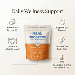 Meal Boosters textura del polvo cerca, mostrando apariencia fina y fácil disolución