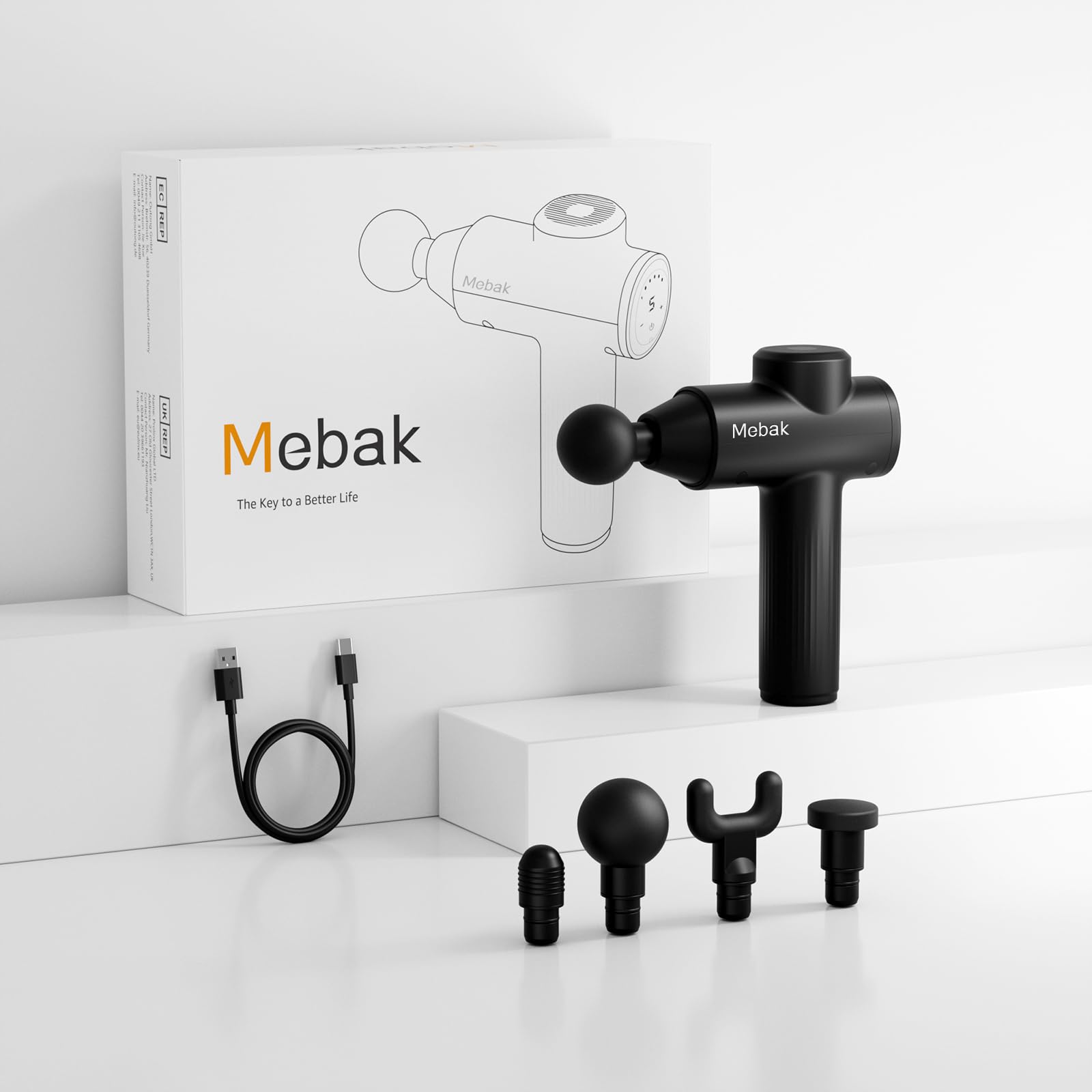 Mebak 7 estuche con los cuatro cabezales y el cargador USB-C
