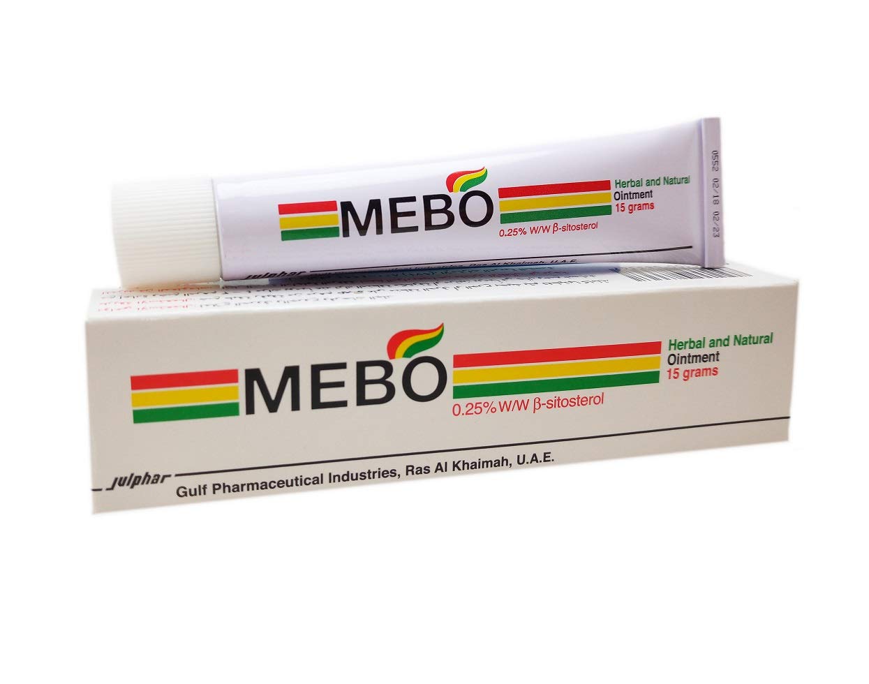 MEBO tubo frontal mostrando etiqueta y tamaño práctico para botiquín
