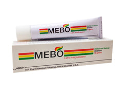 MEBO tubo frontal mostrando etiqueta y tamaño práctico para botiquín