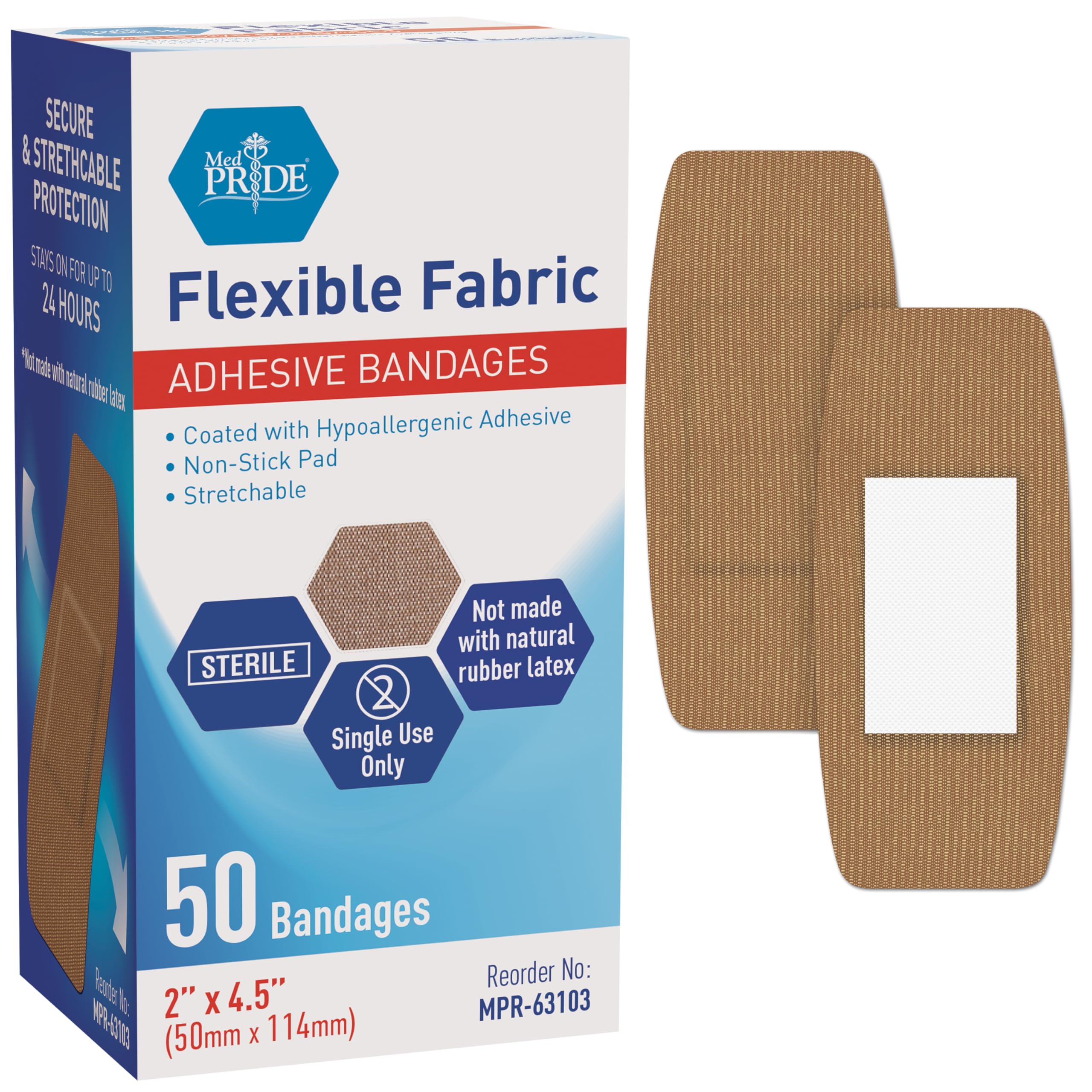 MED PRIDE empaque frontal mostrando 50 vendajes y beneficios
