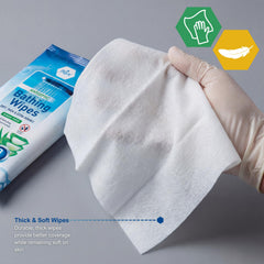 MED PRIDE toallita en uso sobre cama facilitando higiene sin agua