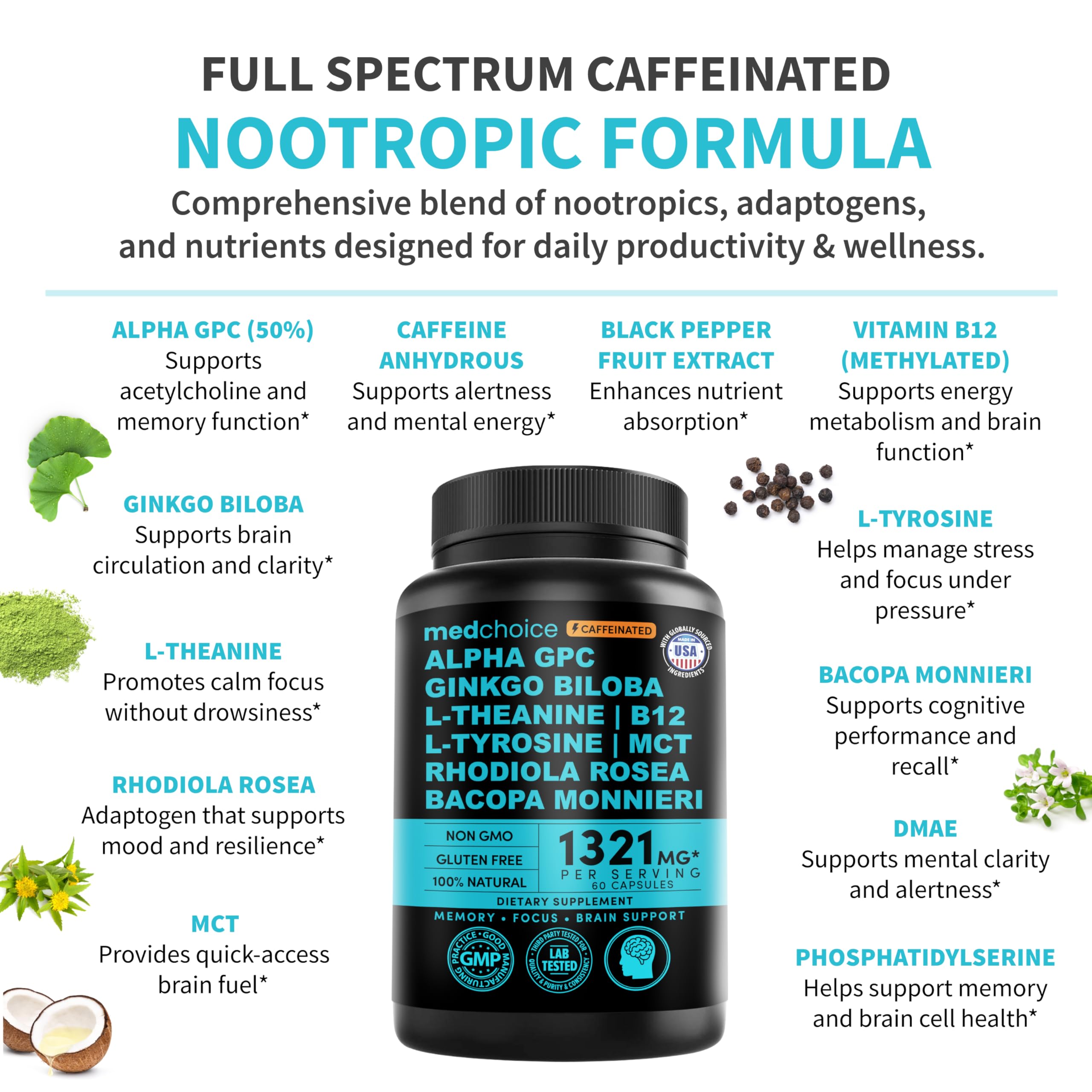 MEDCHOICE etiqueta con lista de ingredientes destaca Bioperine y calidad
