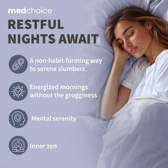 Ingredientes clave MEDCHOICE como magnesio, ashwagandha y valeriana visibles