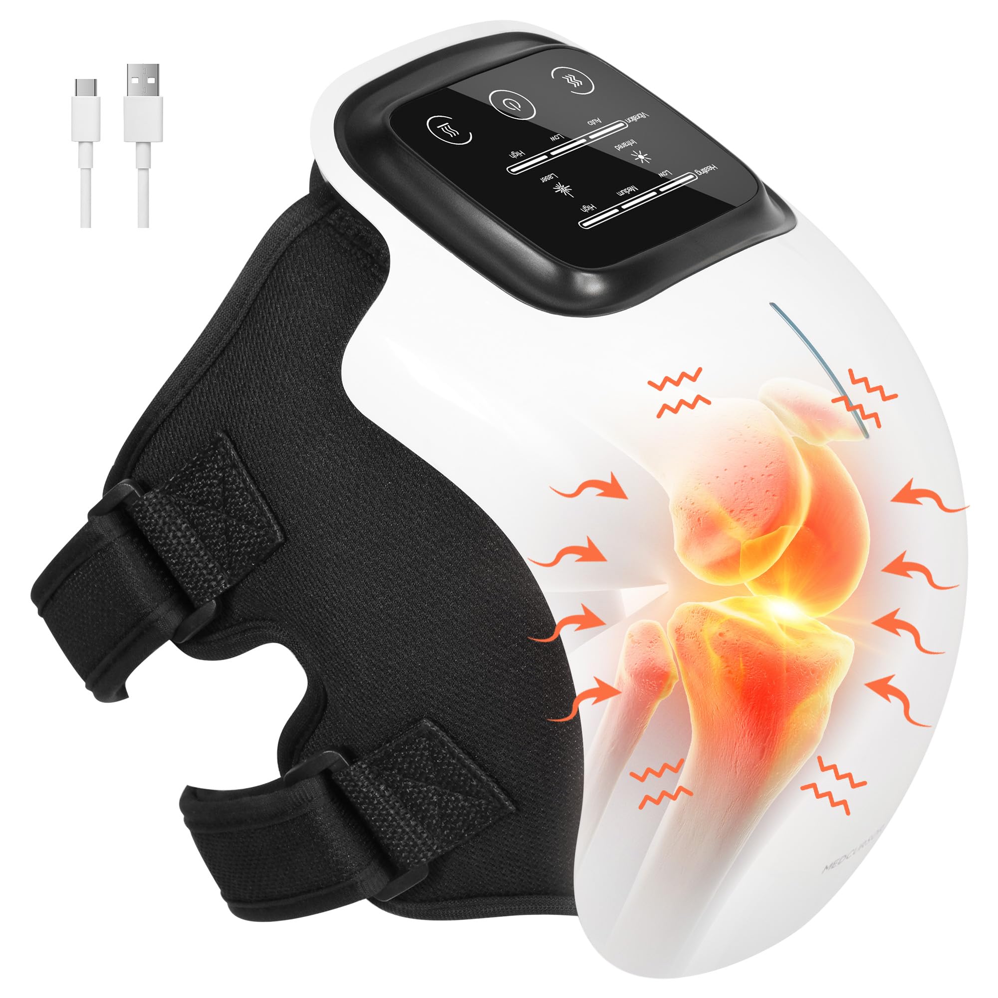 Medcursor vista frontal del masajeador y empaque mostrando diseño portátil y beneficios
