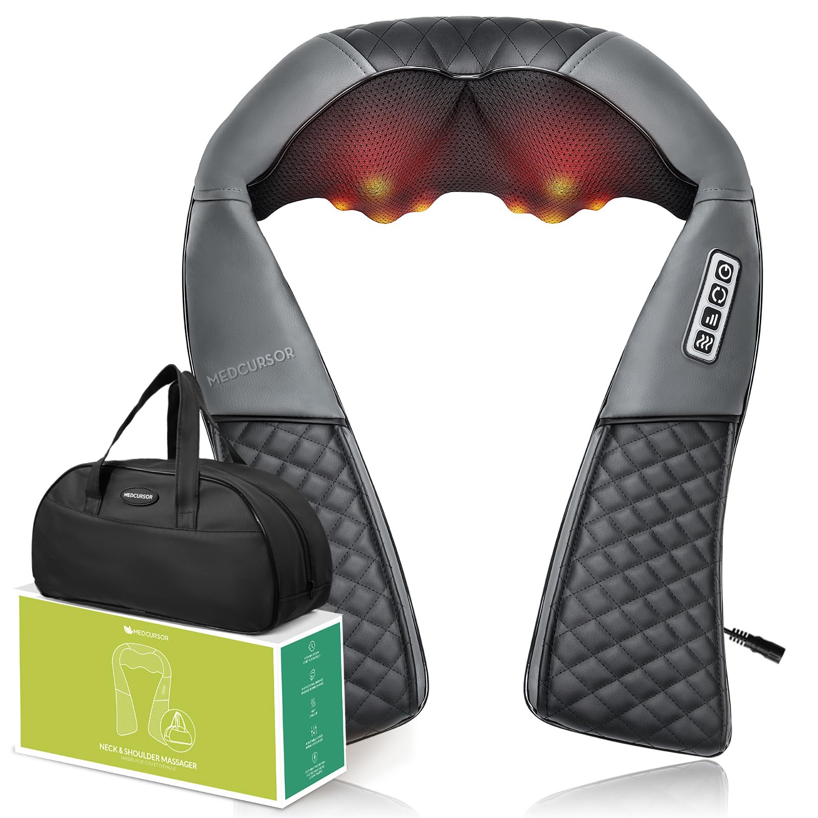 Medcursor masajeadro cuello frontal mostrando diseño y botones, comodidad instantánea