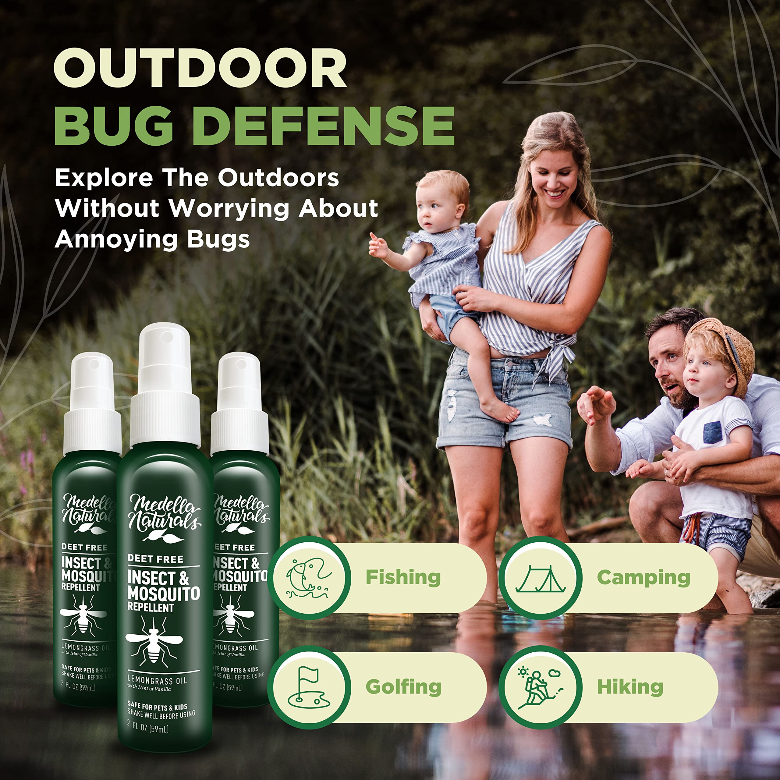 Medella Naturals persona aplicando spray en exterior, protección durante actividades