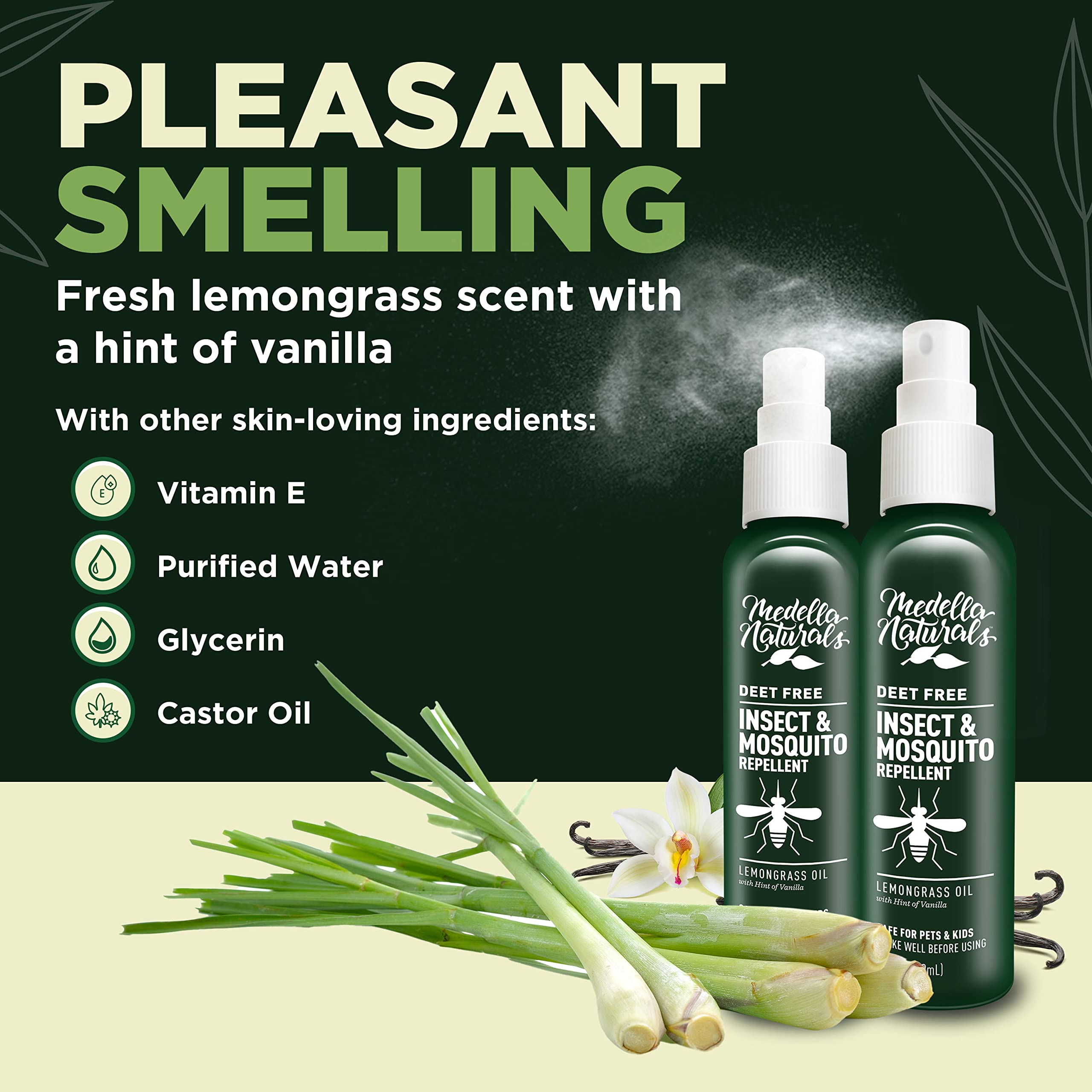 Medella Naturals etiqueta con ingredientes, fórmula basada en aceite de lemongrass