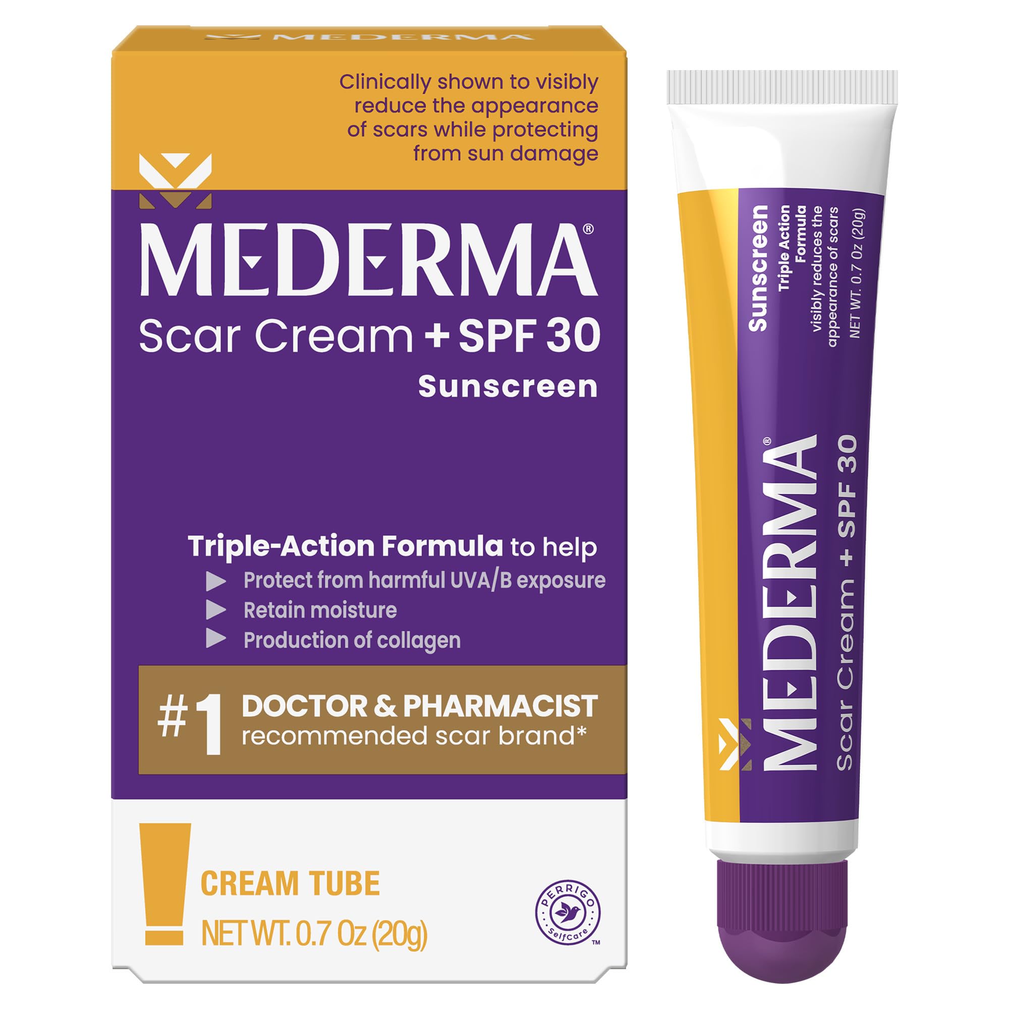 Mederma tubo frontal mostrando la marca y beneficio visible de cicatrices