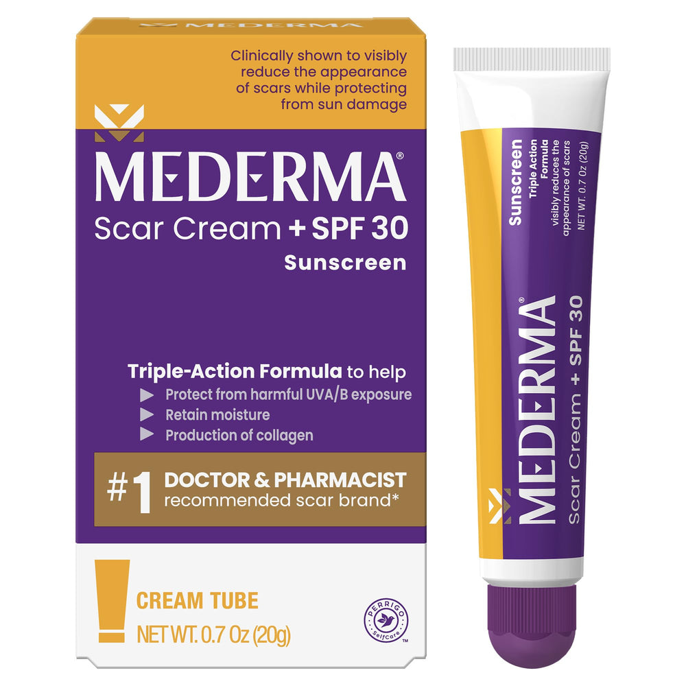 Mederma tubo frontal mostrando la marca y beneficio visible de cicatrices