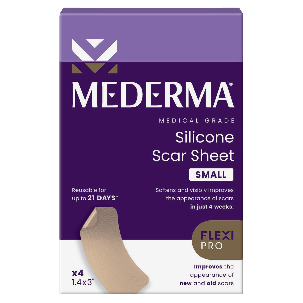 Mederma empaque frontal mostrando cuatro láminas, claridad y confianza