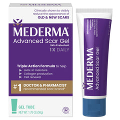 Mederma gel frontal del envase mostrando tamaño y uso práctico