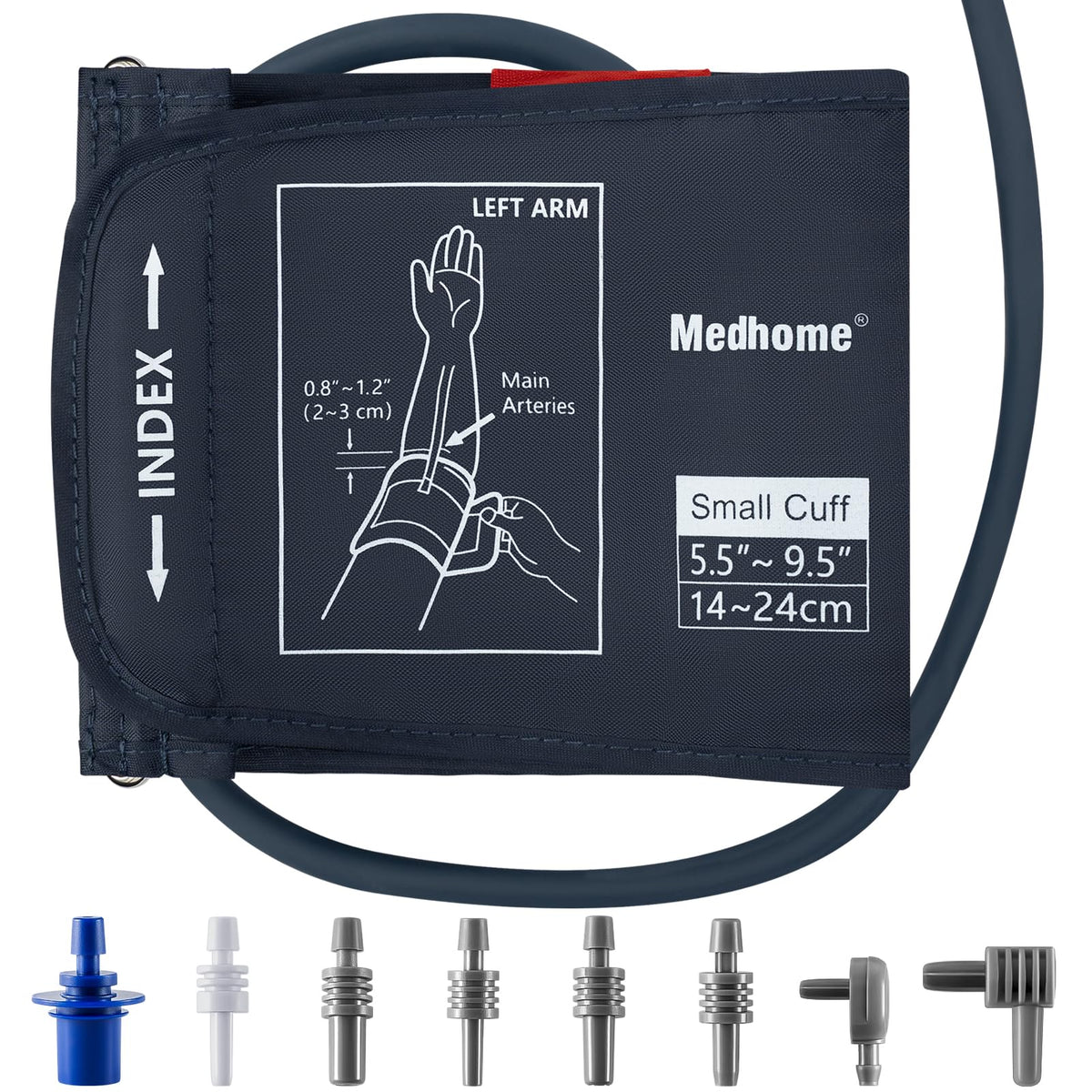 Medhome brazalete frontal empaquetado mostrando tamaño y compatibilidad