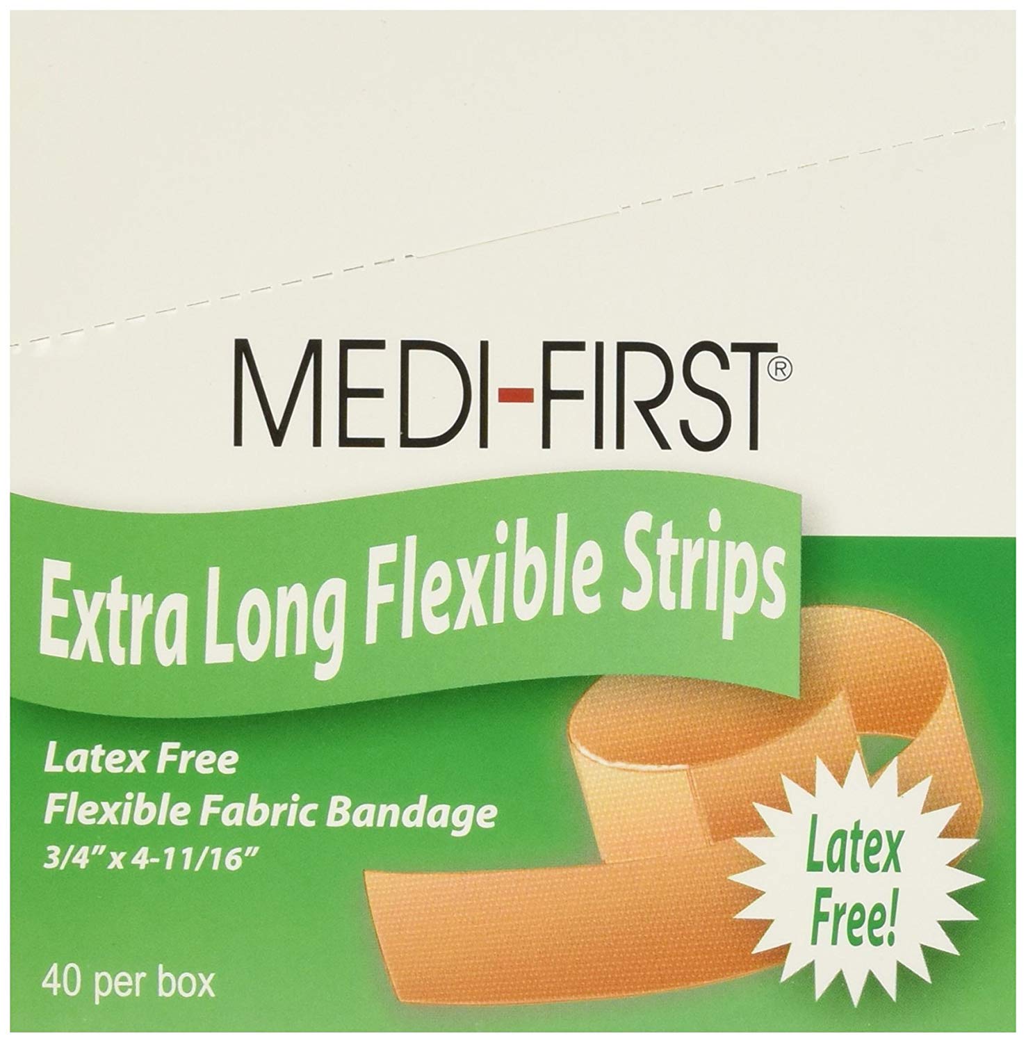Medi-First caja frontal mostrando 40 vendajes, lista para primeros auxilios