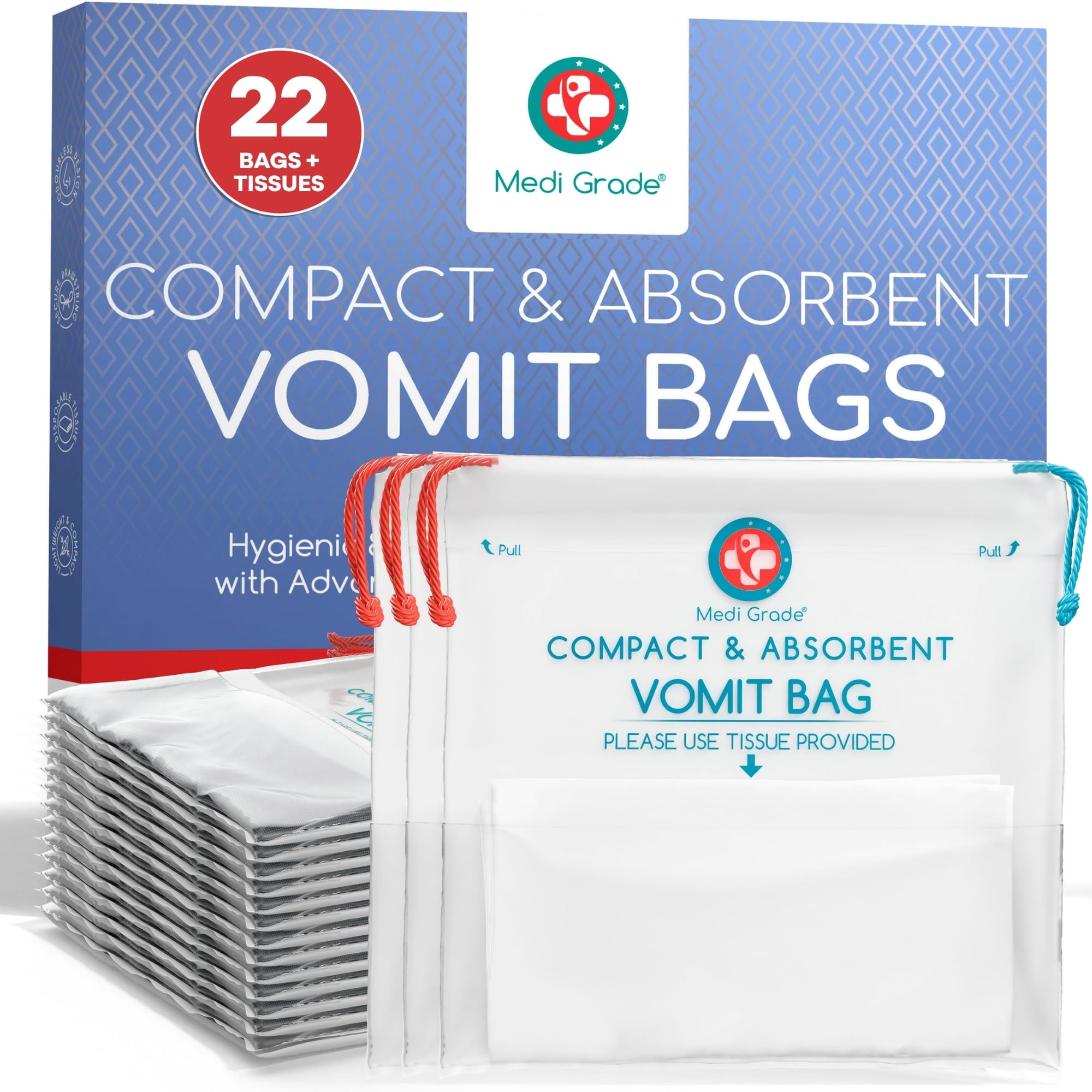 Medi Grade paquete frontal mostrando 22 bolsas para viajes y limpieza