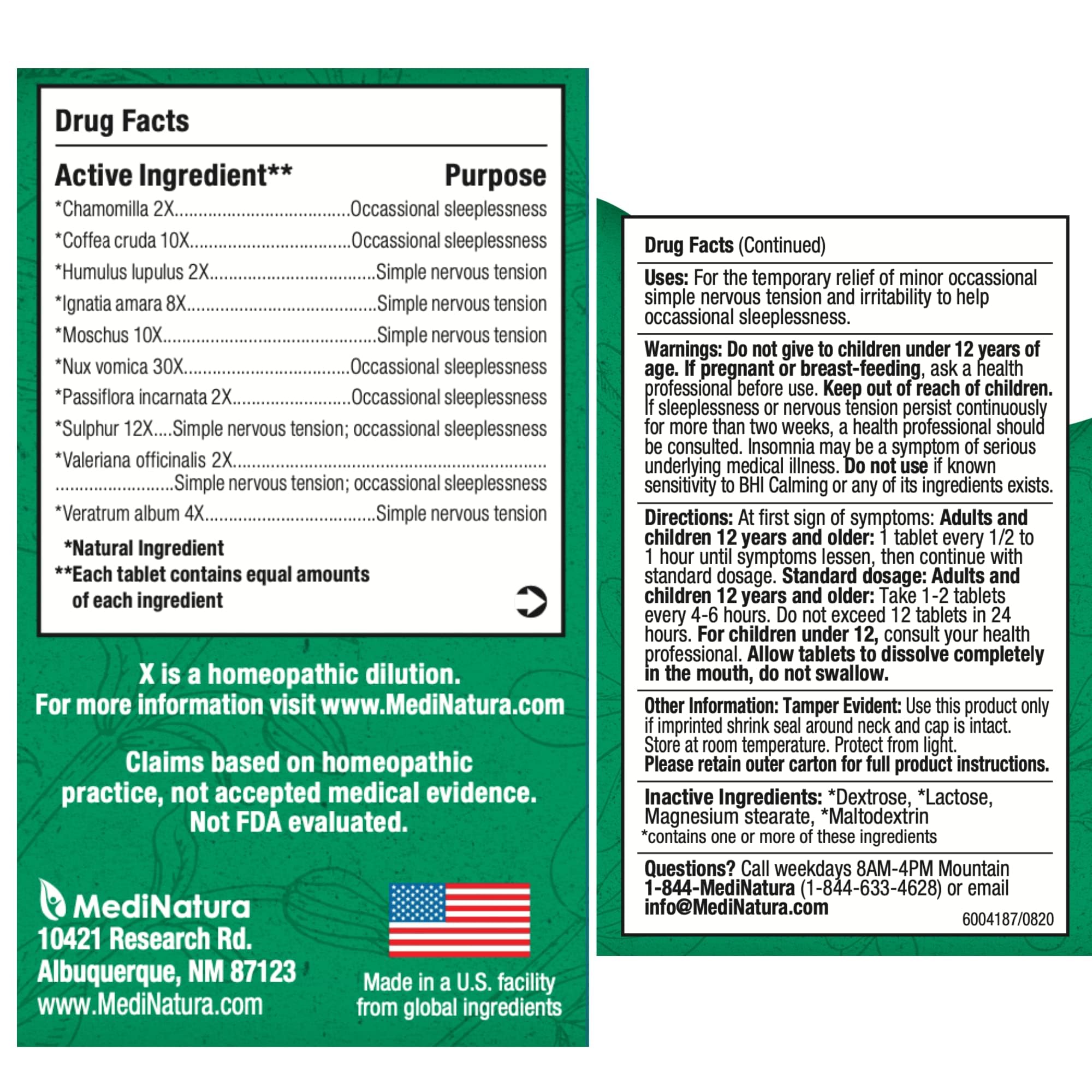 MediNatura BHI calming stress blend natural actives for relaxed evenings.