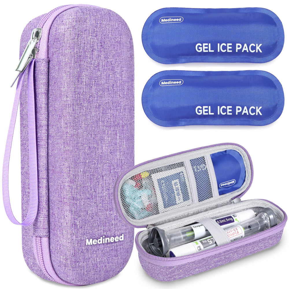 Medineed estuche frontal morado mostrando protección y fácil transporte