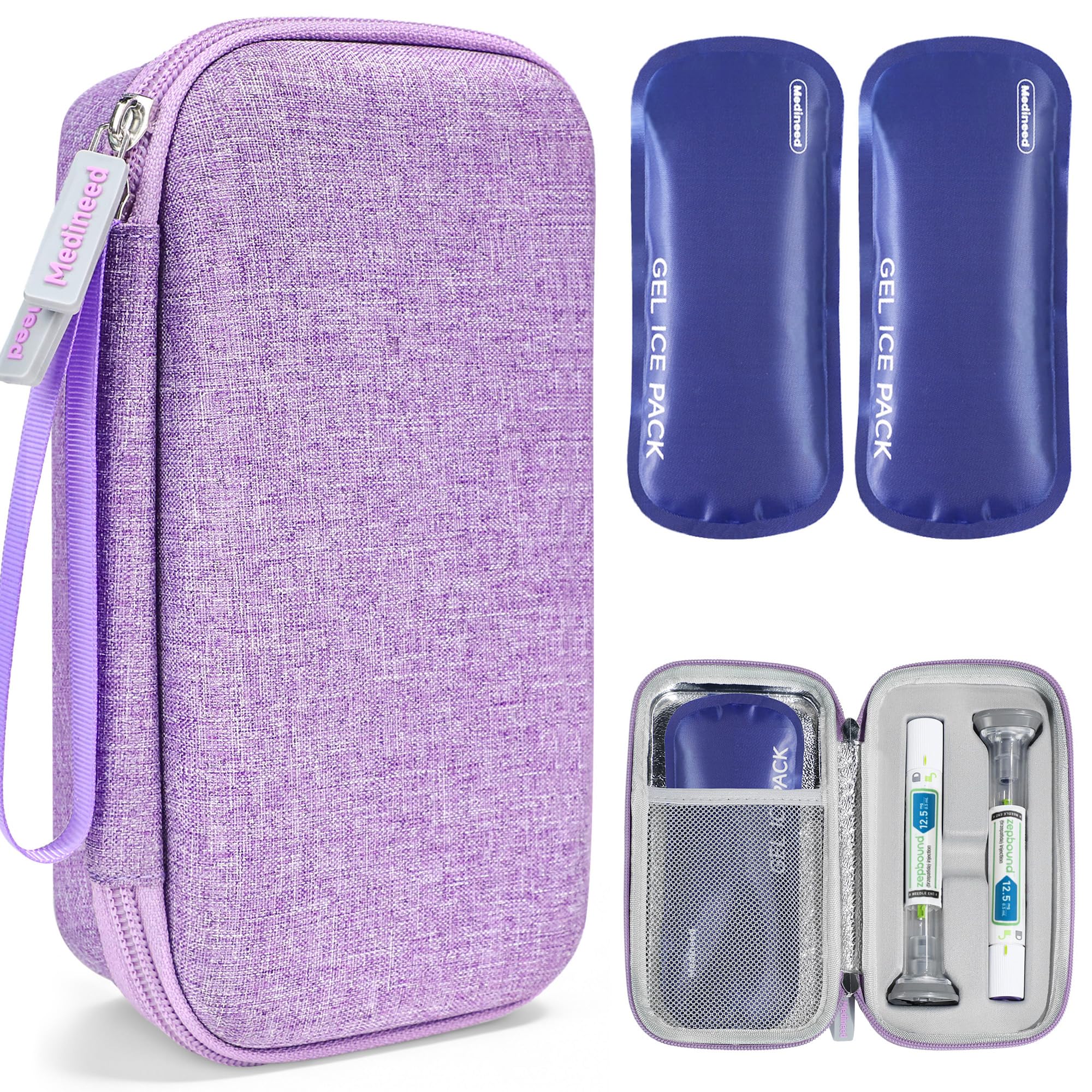 Medineed estuche frontal morado mostrando cierre y asa, protección portátil