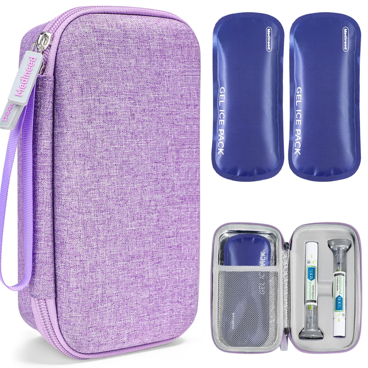 Medineed estuche frontal morado mostrando cierre y asa, protección portátil
