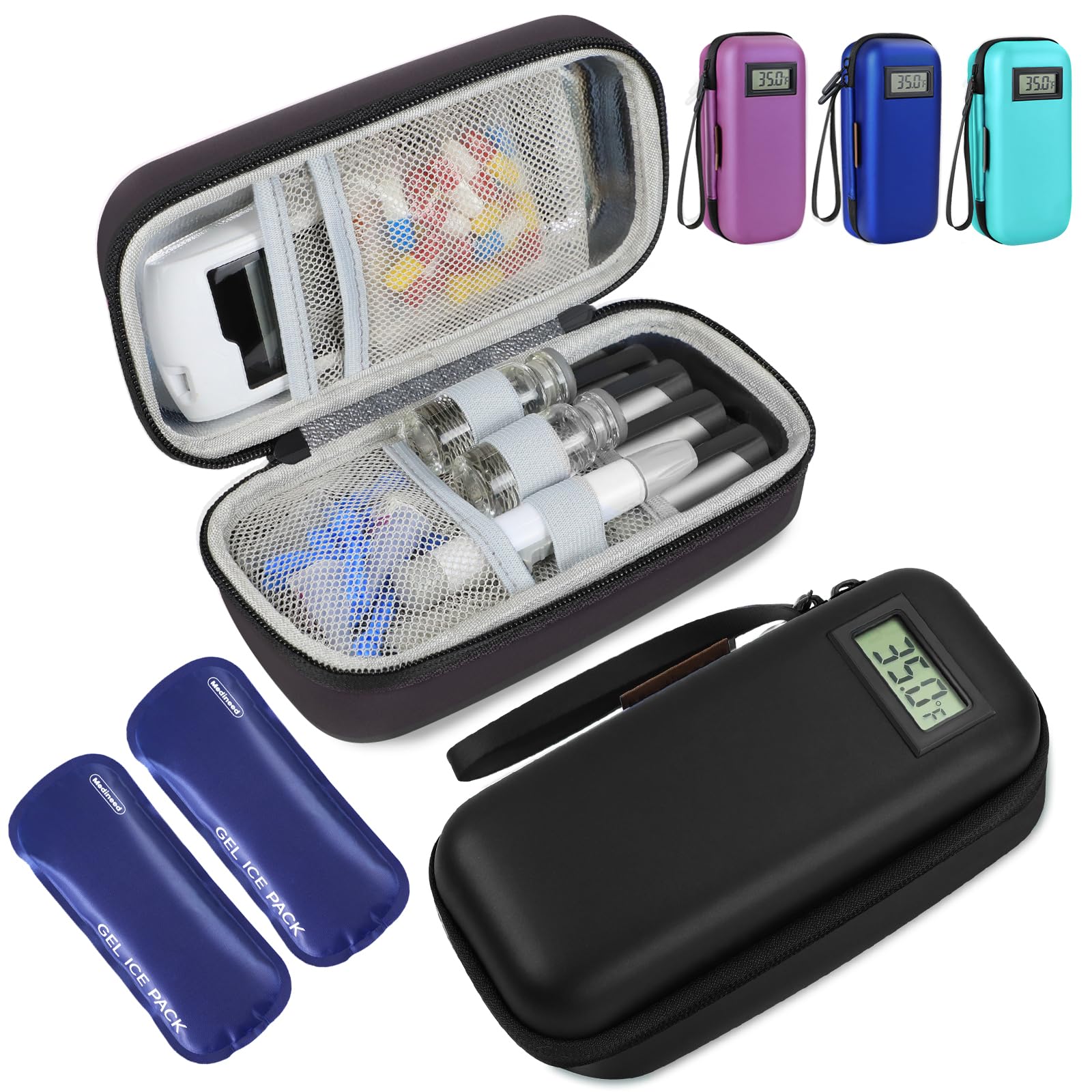 Medineed estuche frontal negro mostrando cierre y tamaño portátil, protección fiable