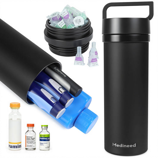 Medineed estuche frontal negro mostrando el cierre y asa para fácil transporte