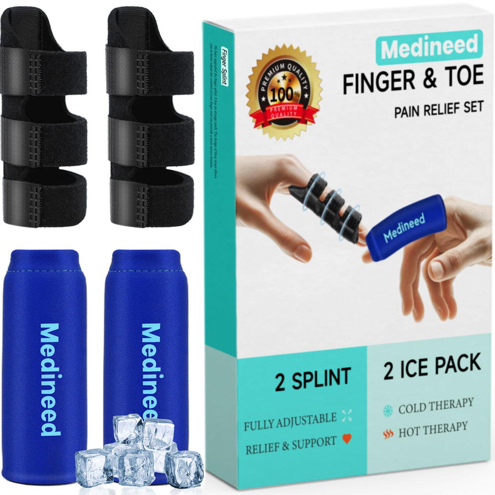 Medineed vista frontal del kit mostrando férulas y compresas para alivio cómodo
