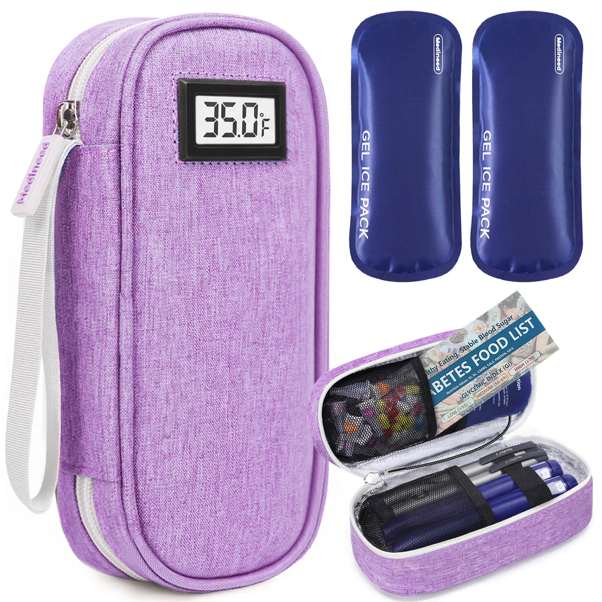 Medineed estuche frontal morado mostrando diseño compacto y protección