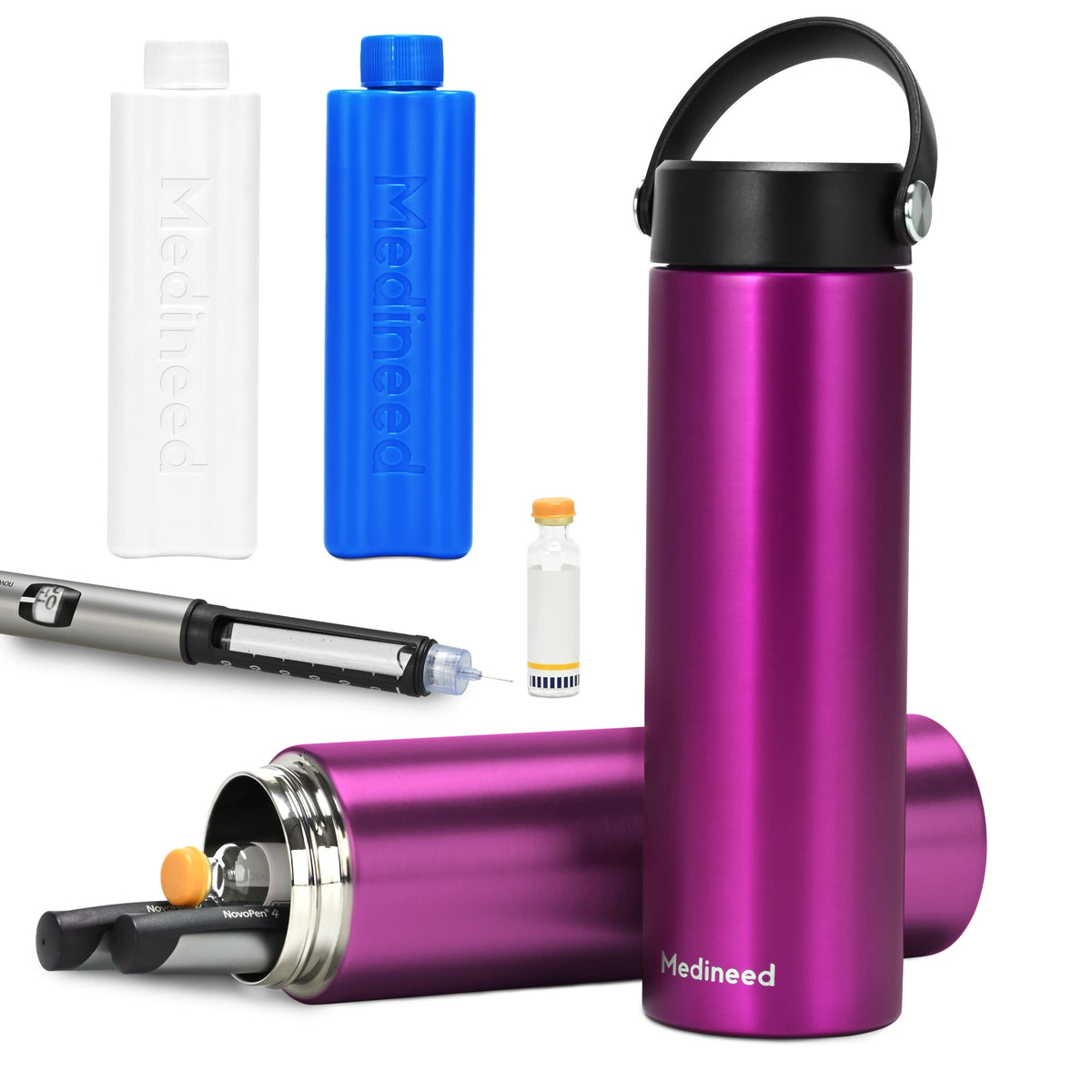 Medineed estuche morado frontal que protege insulina durante viajes