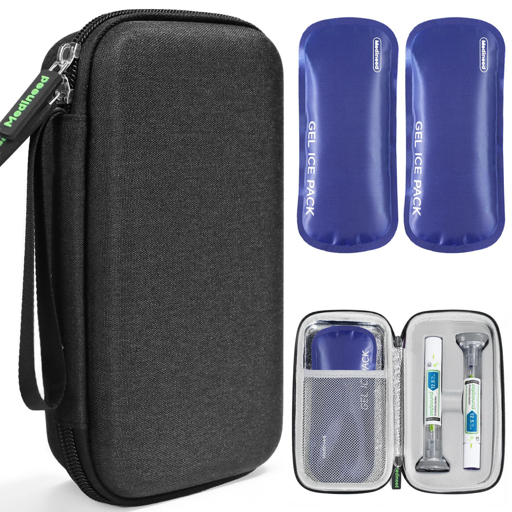 Medineed vista frontal del estuche negro que protege plumas Zepbound