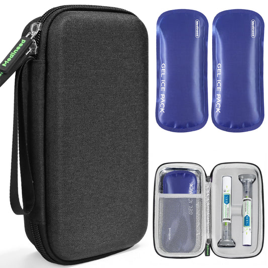 Medineed vista frontal del estuche negro que protege plumas Zepbound
