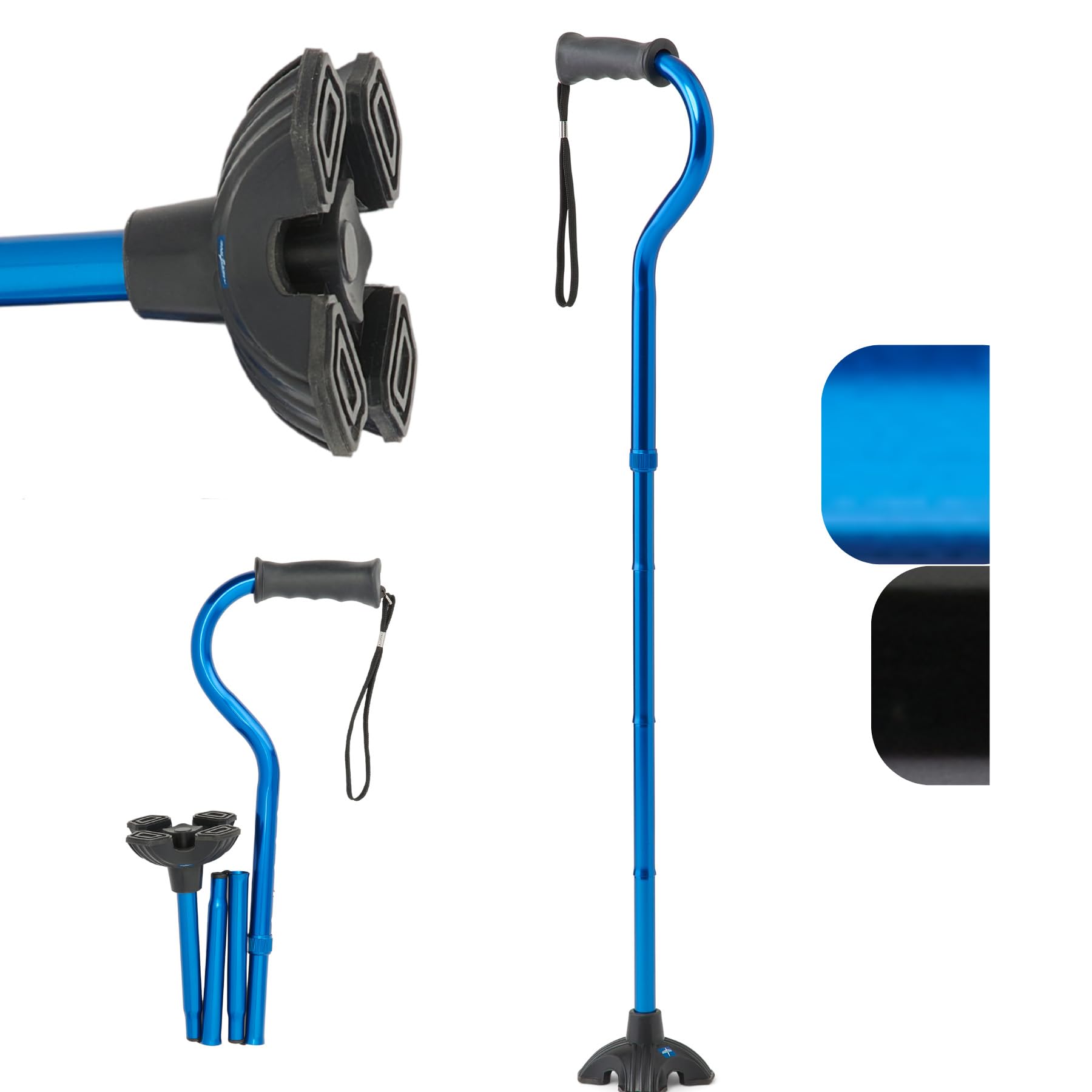 Medline bastón plegable frontal mostrando diseño y color azul, mayor confianza al caminar