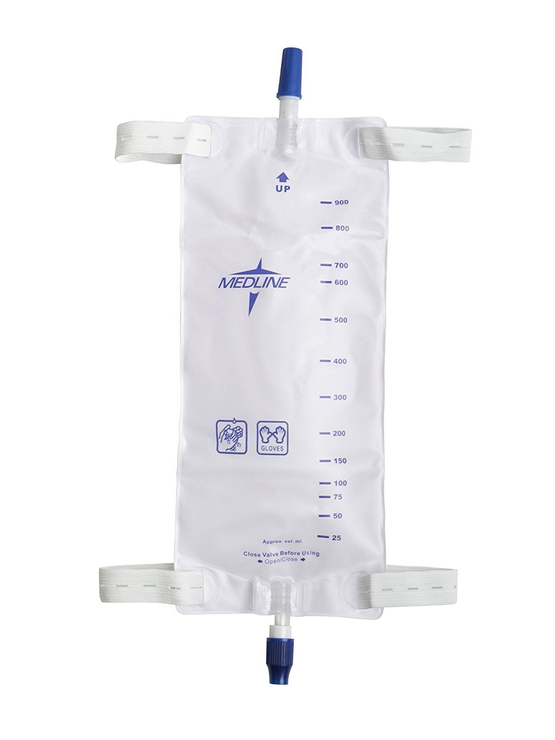 Medline bolsa para pierna vista frontal con válvula twist y capacidad 1.100 mL, fácil vaciado