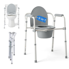 Medline vista frontal del commode gris mostrando estabilidad y acceso fácil