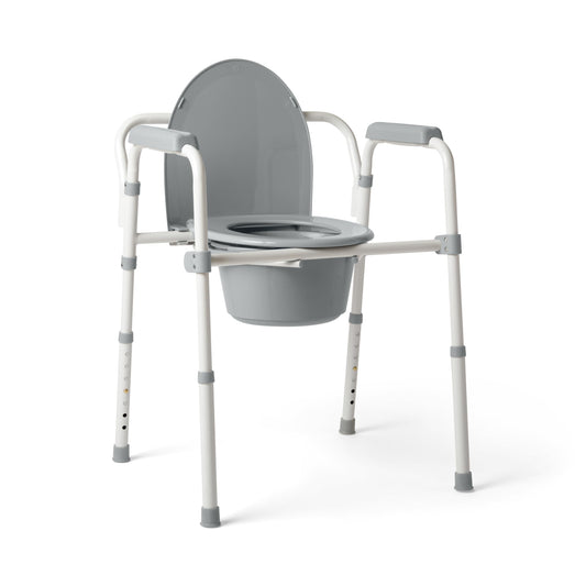 Medline comoda frontal mostrando asiento contorneado y marco gris resistente