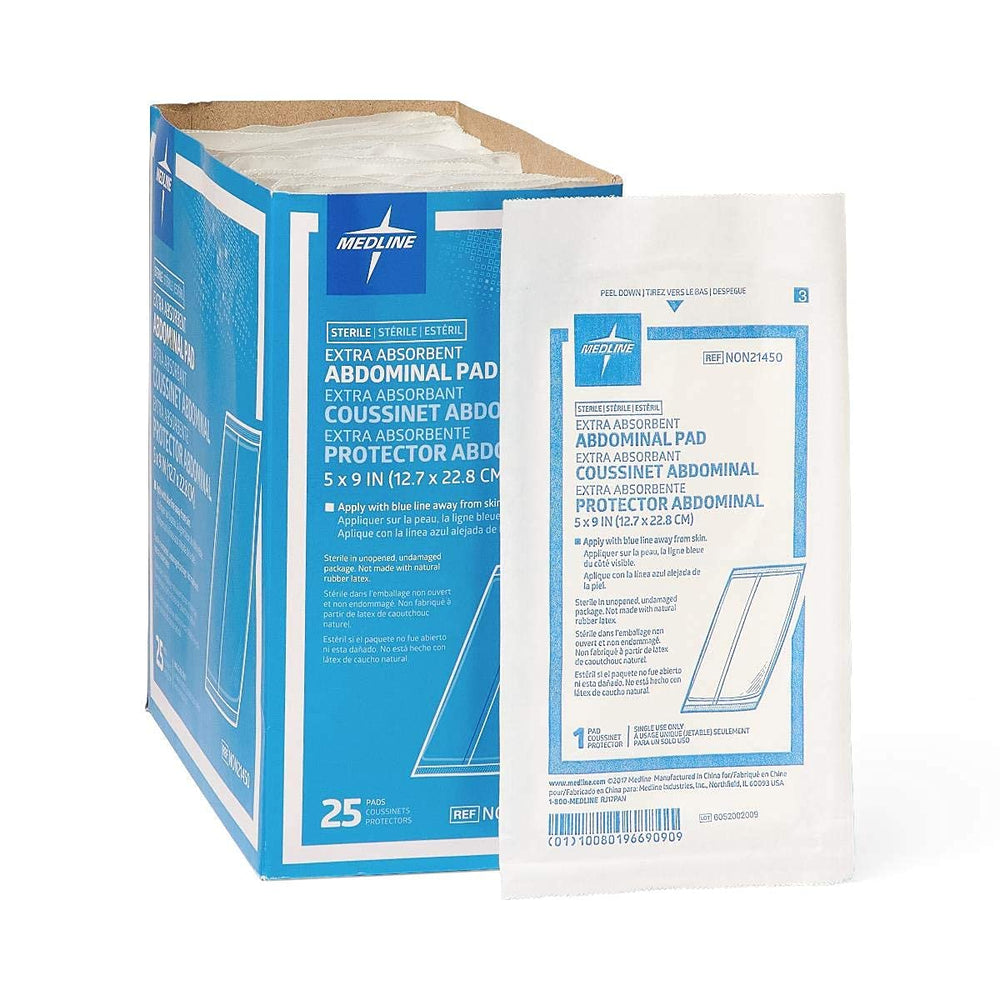 Medline compresa frontal del empaque mostrando 25 unidades y esterilidad