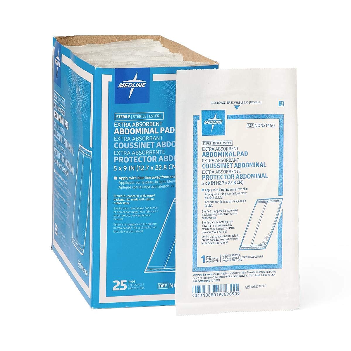 Medline compresa frontal del empaque mostrando 25 unidades y esterilidad