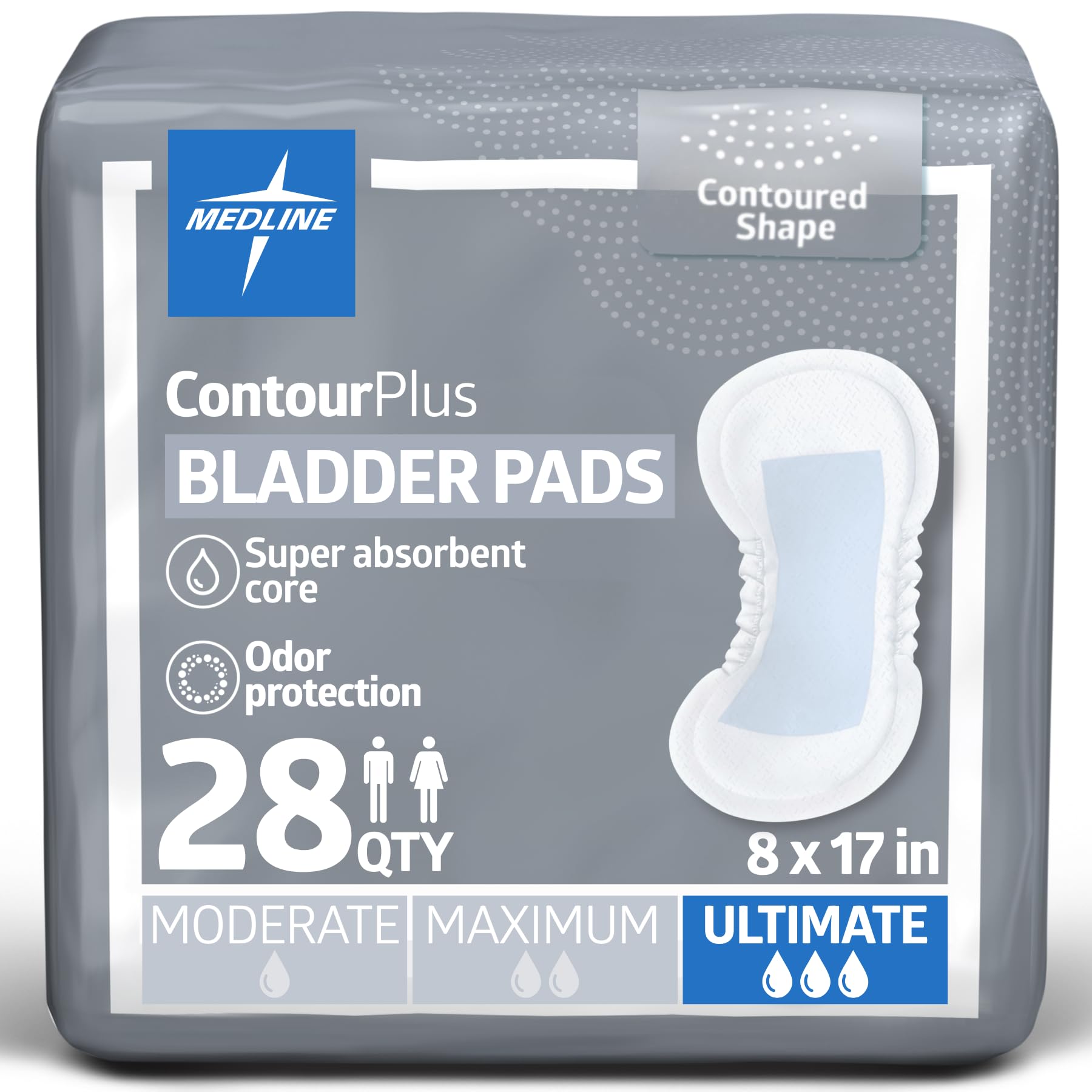 Medline ContourPlus vista frontal del empaque que muestra protección y cantidad