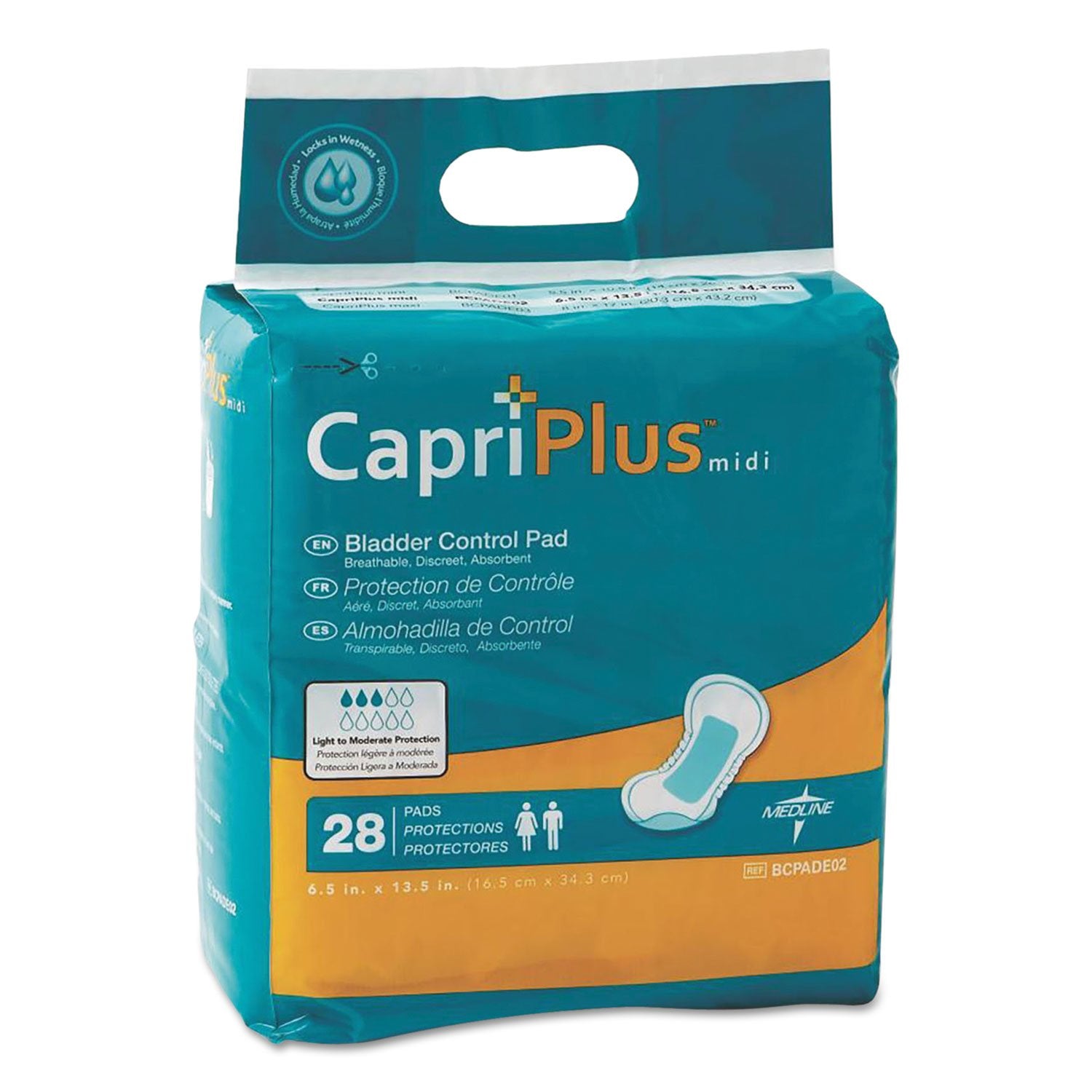 Medline empaque frontal de almohadilla mostrando protección discreta y máxima absorción