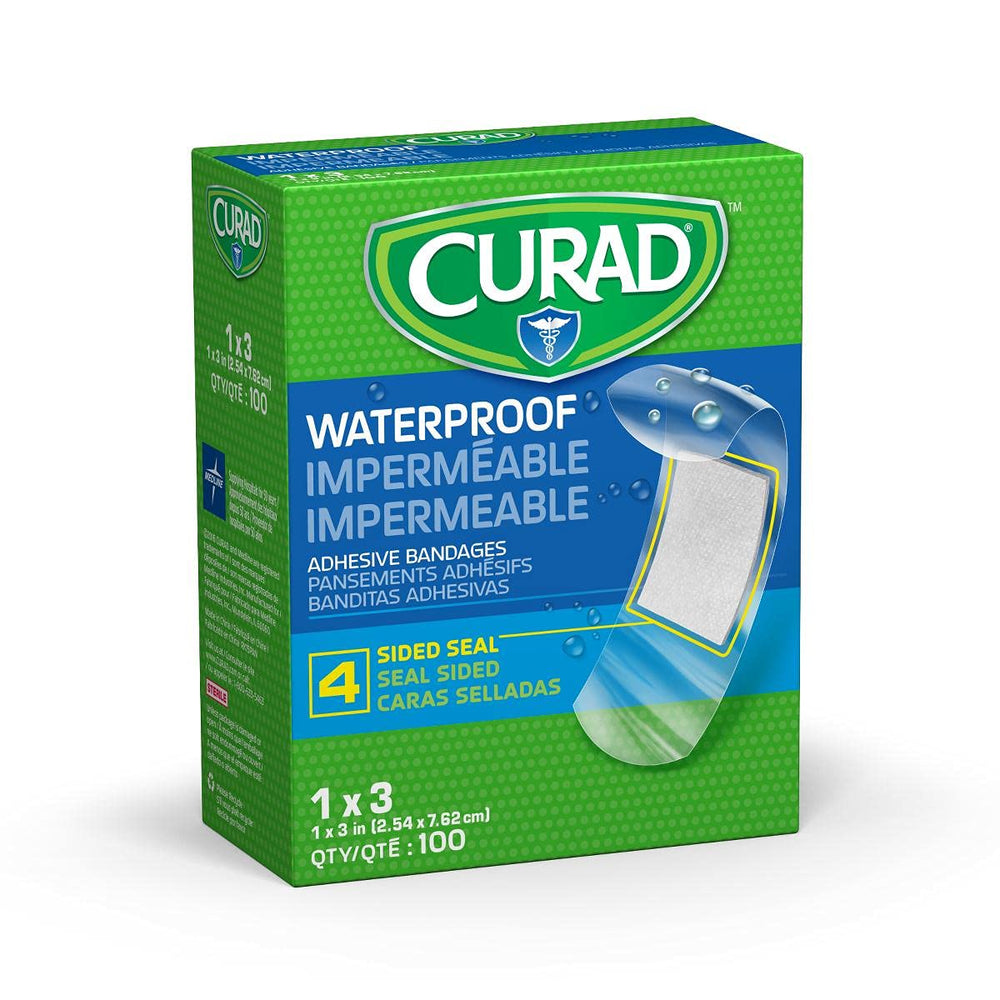Medline CURAD empaque frontal mostrando 100 unidades y protección impermeable