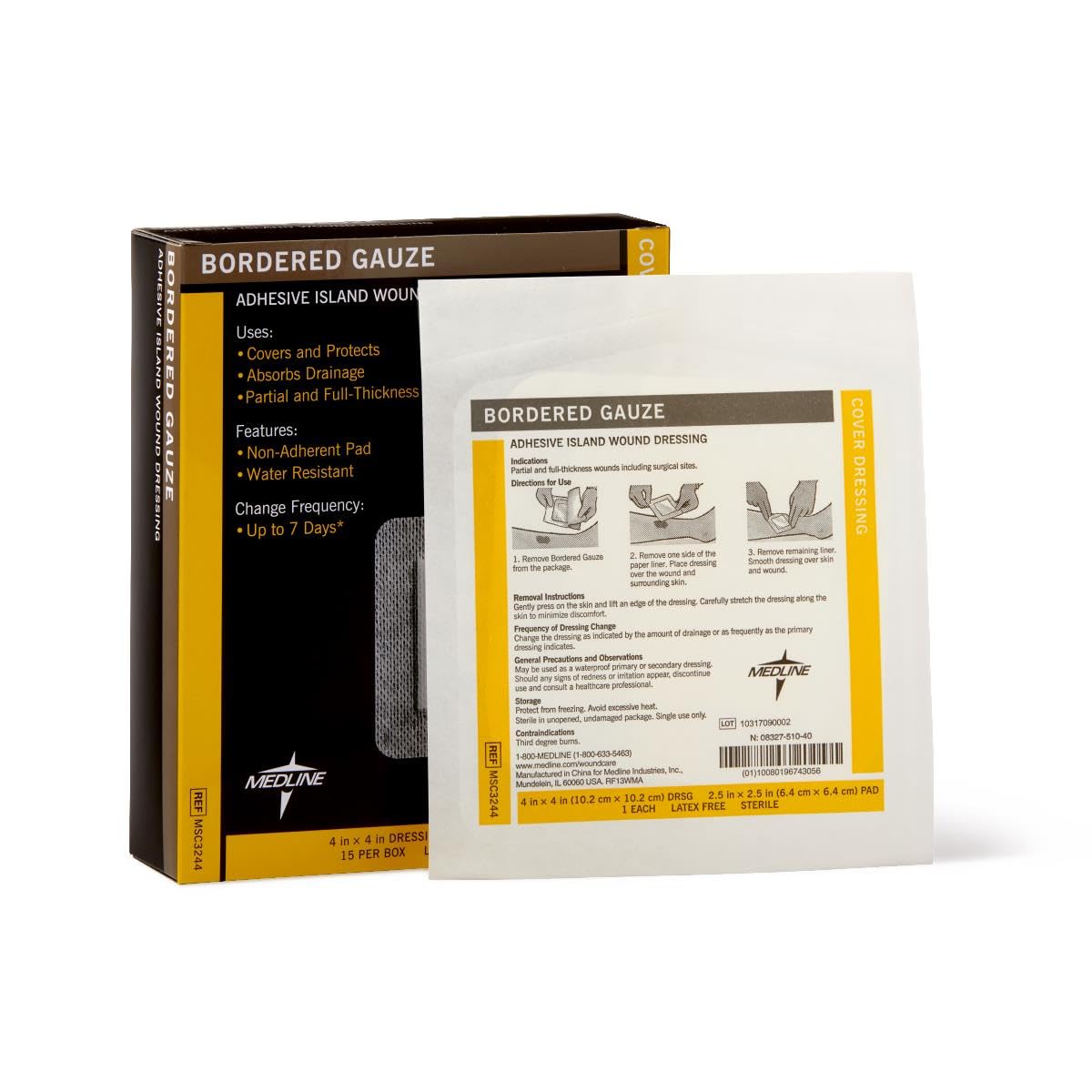 Medline empaque frontal del apósito 4x4 mostrando sello estéril y cantidad, protección cómoda