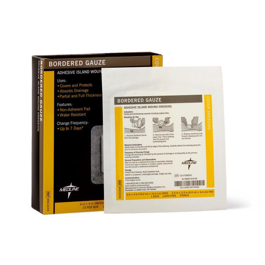 Medline empaque frontal del apósito 4x4 mostrando sello estéril y cantidad, protección cómoda