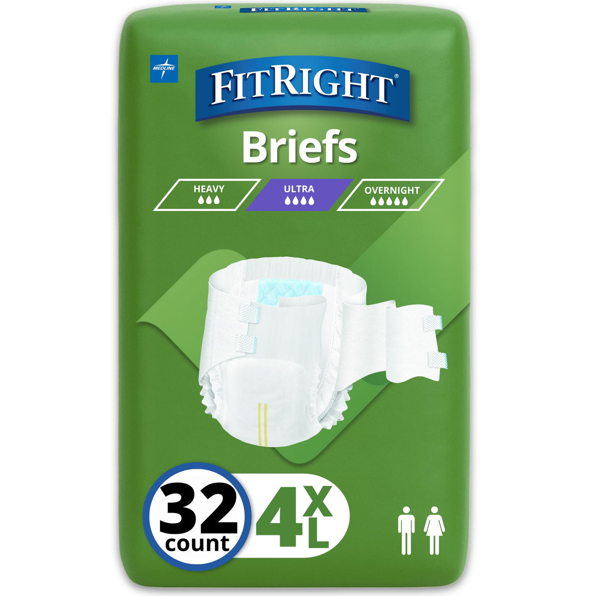 Medline FitRight empaque frontal muestra talla 4XL y 32 unidades para fácil identificación
